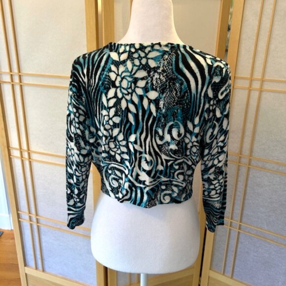 Cache Shrug Sweater Blue Black Gold Abstract Floral Animal Print Design - Size M - Picture 3 of 4